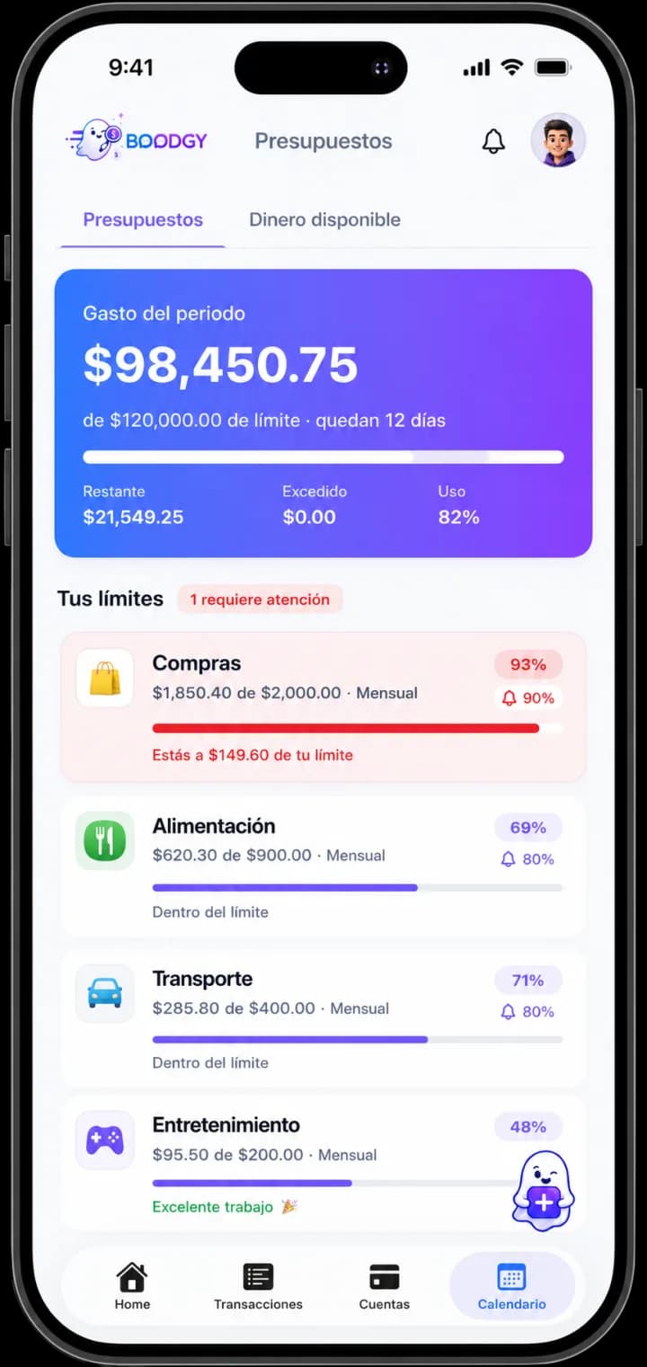 Pantalla de presupuestos con límites por categoría y progreso