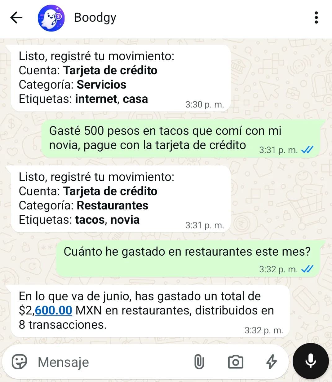 Conversación de WhatsApp con Boodgy registrando gastos y respondiendo consultas financieras